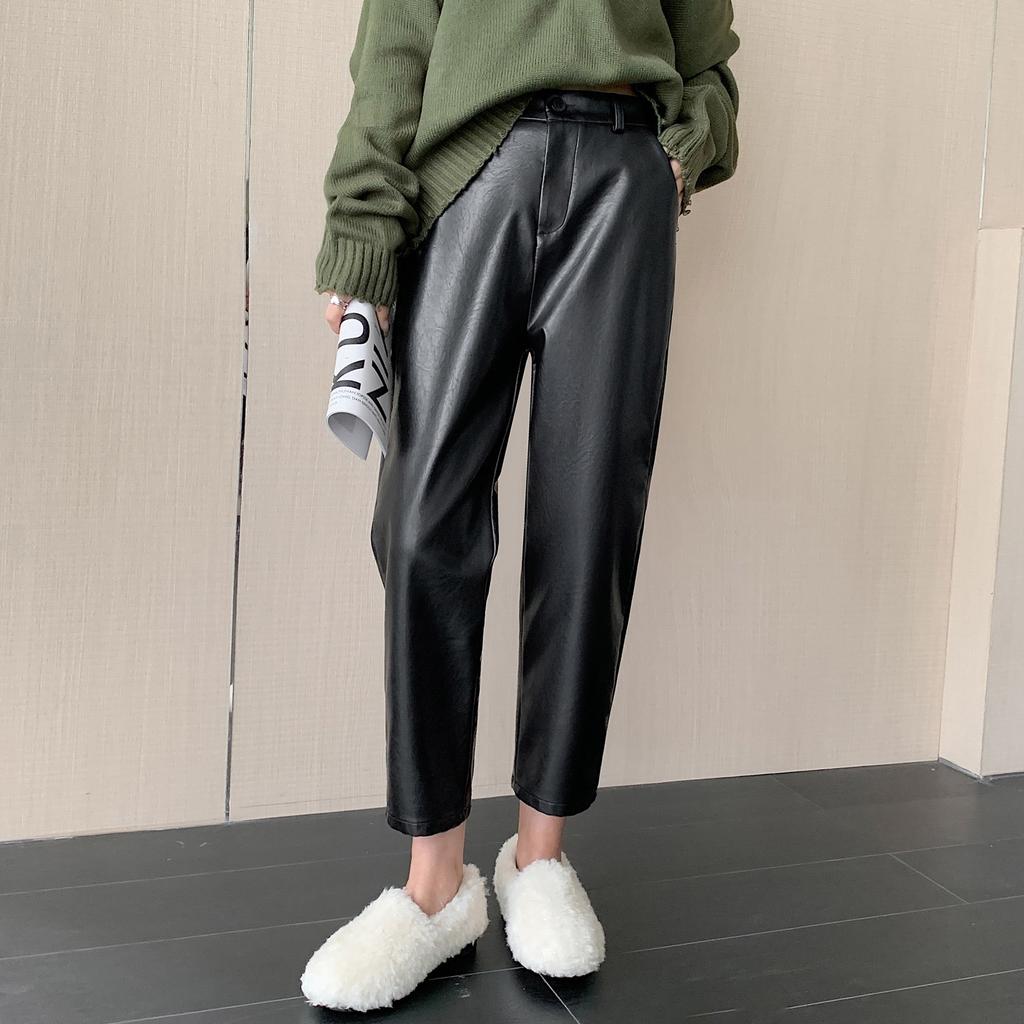 Black Pu Leather Pants Women's New Winter Harlan Pants Small Nine Points Casual Loose and Thin Radish Pants