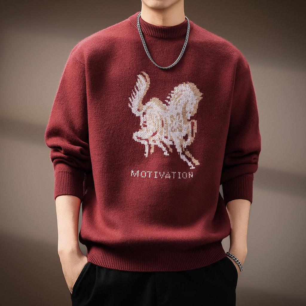 Men's Zodiac Year Horse Print Retro Knit Sweater