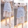 New Splicing Colored Mesh Denim Skirts Ragged Edge Irregular Denim Women's Skirts Mid Length Asymmetric Wrapped Hip Skirt