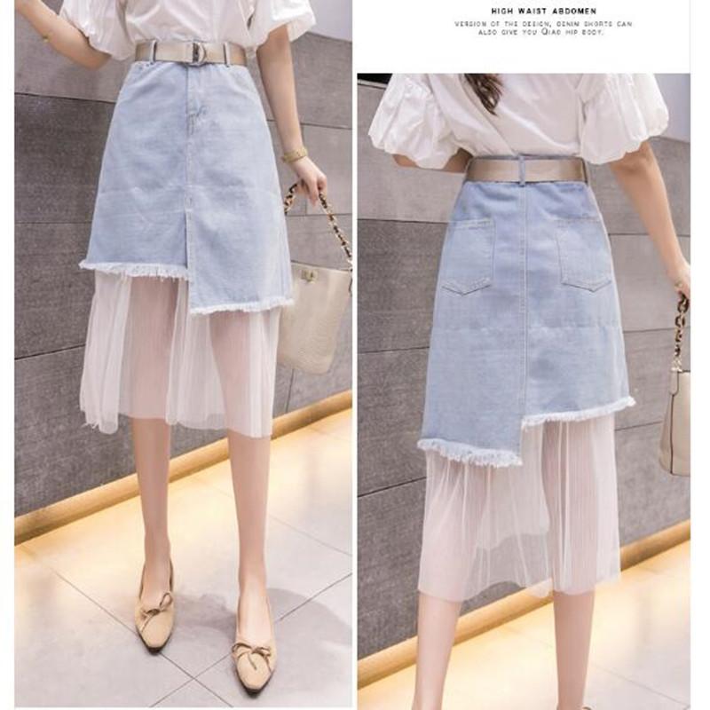 New Splicing Colored Mesh Denim Skirts Ragged Edge Irregular Denim Women's Skirts Mid Length Asymmetric Wrapped Hip Skirt