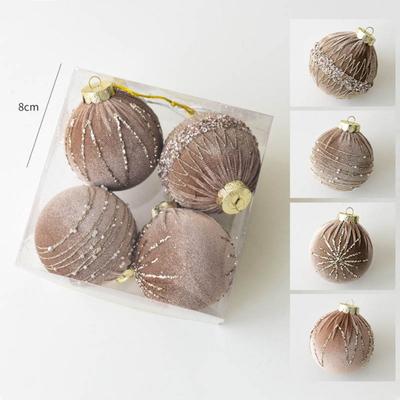 4Pcs/set Velvet Flocking Christmas Ball Set Plastic Sparkling Xmas Tree Hanging Pendant 8cm Red Xmas Ornament Ball