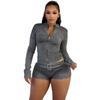 Spring and Summer Women's Denim Shorts Suit Long-sleeved Stretch Shorts Suit