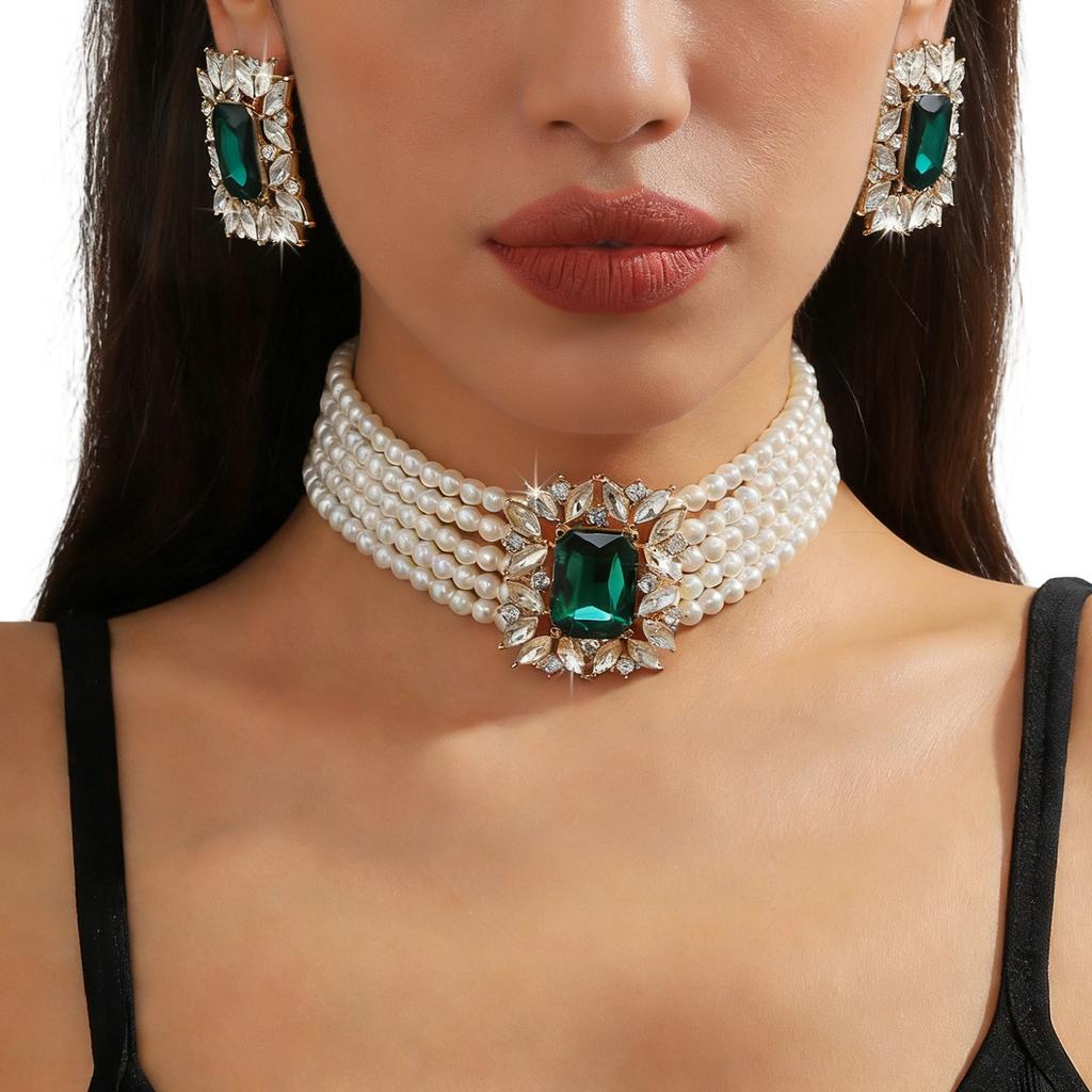 Trendy Geometric Shaped Colorful Crystal And Imitation Pearls Layering Necklace Earring Jewelry Set for Fashionistas