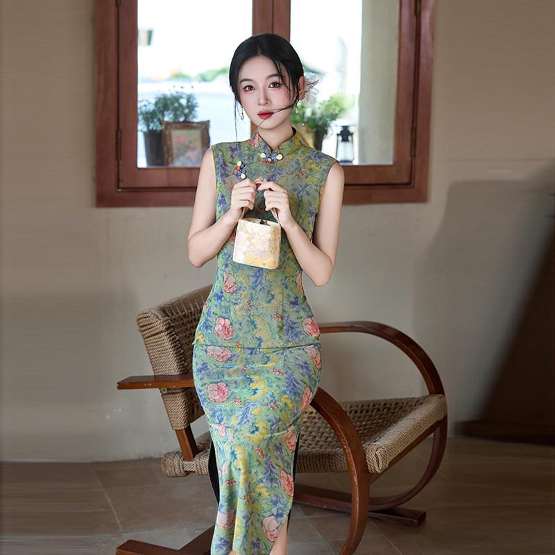 Green sleeveless national style new Chinese daily Suzhou long cheongsam improved young 1011 new women's high sense