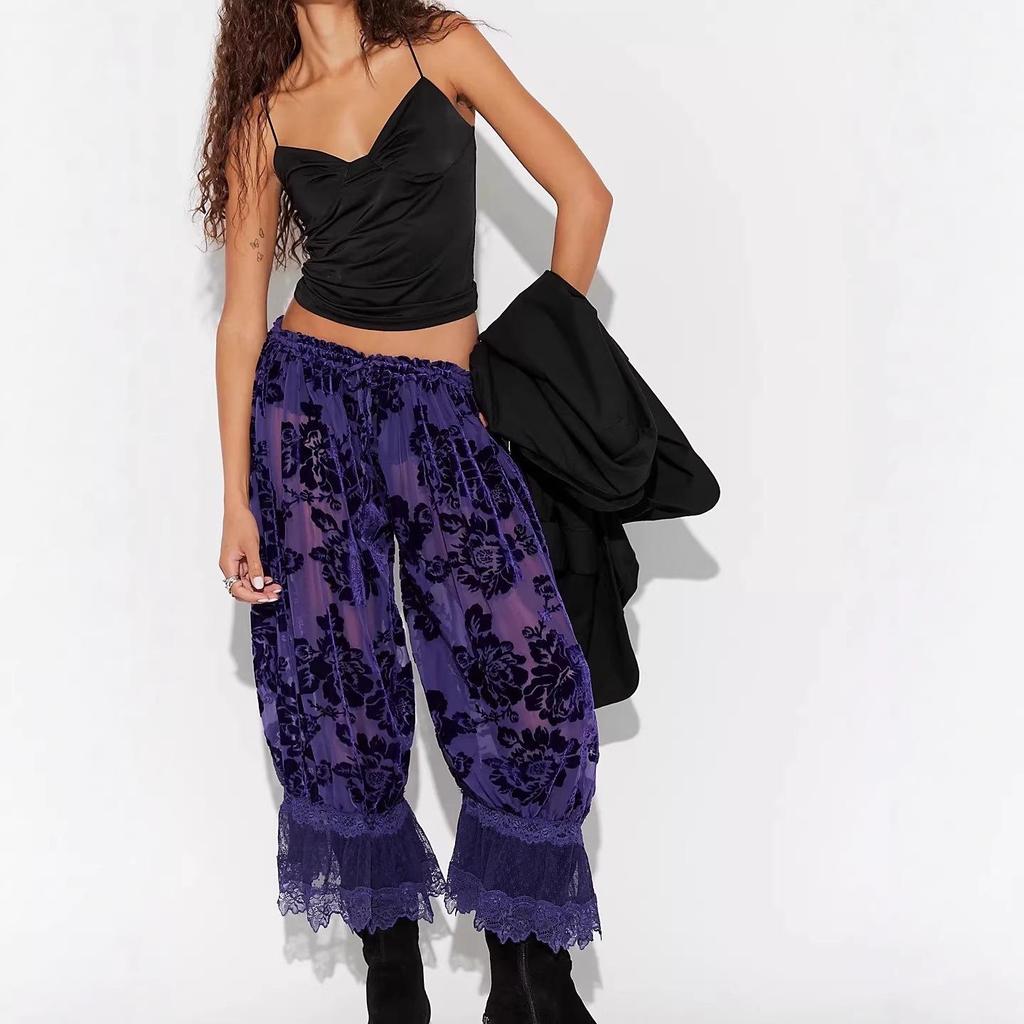 Pantaloni a Lanterna da Donna 2026 Stile Europeo e Americano con Bordi in Pizzo a Vita Alta - Moda Casual Larga Corti.