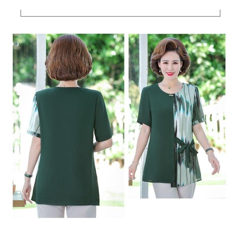 Western-style Loose Short-sleeved Chiffon Shirt Middle-aged and Elderly Summer Round-neck Fashionable Small Shirt