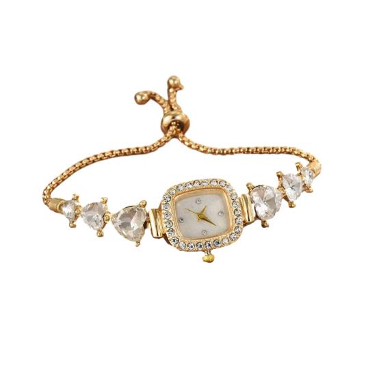 Women Rhinestone Bracelet Watch Small Square Dial Analog Quartz Wrist Watch Love Heart Chain Ladies Dress Watch with Adjustable