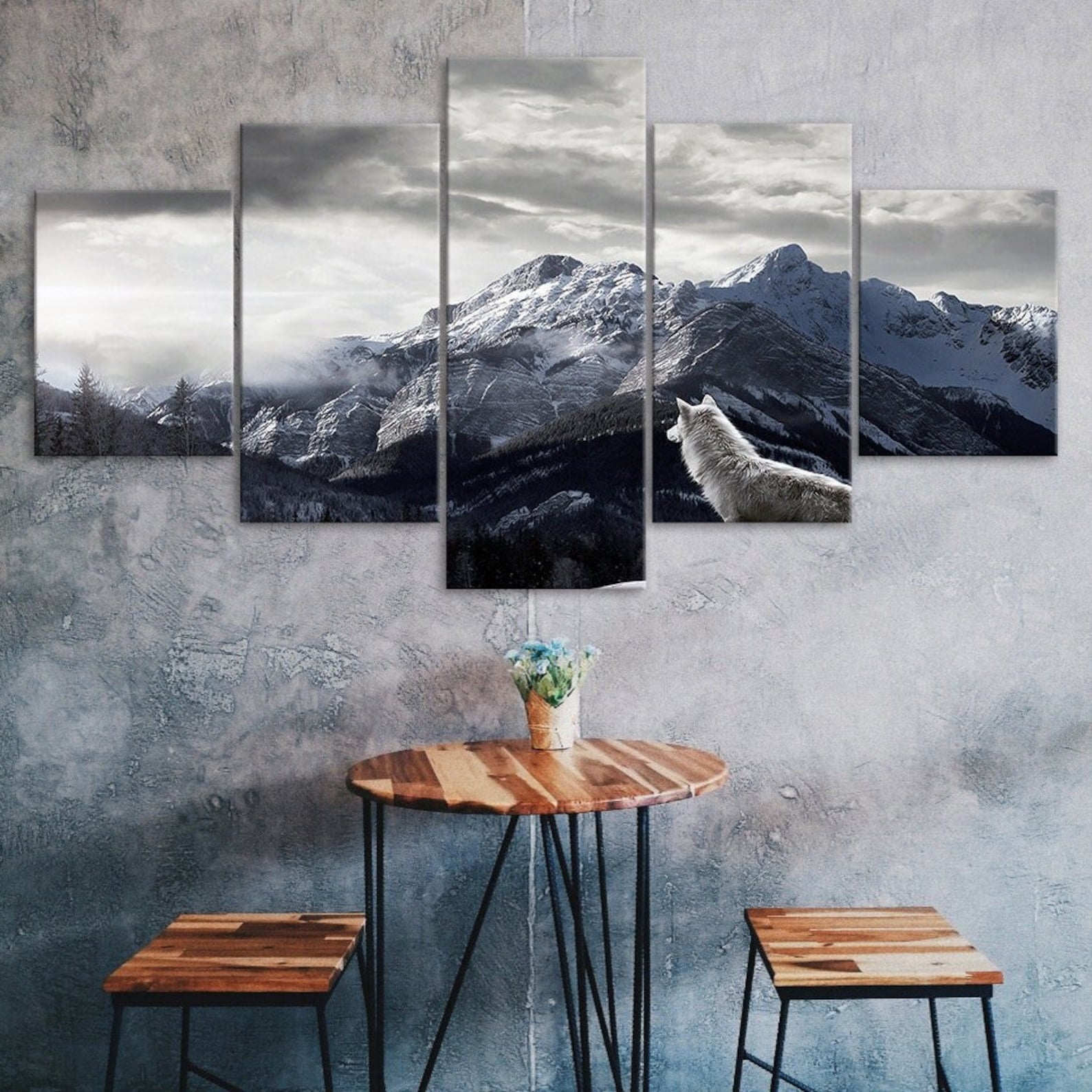 

White Wolf Mountain Landscape 5 Piece Canvas Wall Art Multi Panel Print Modern Wild Animal Poster Home Decor Pictures Gift For Him For Her 20X35 20X45 20X55CM