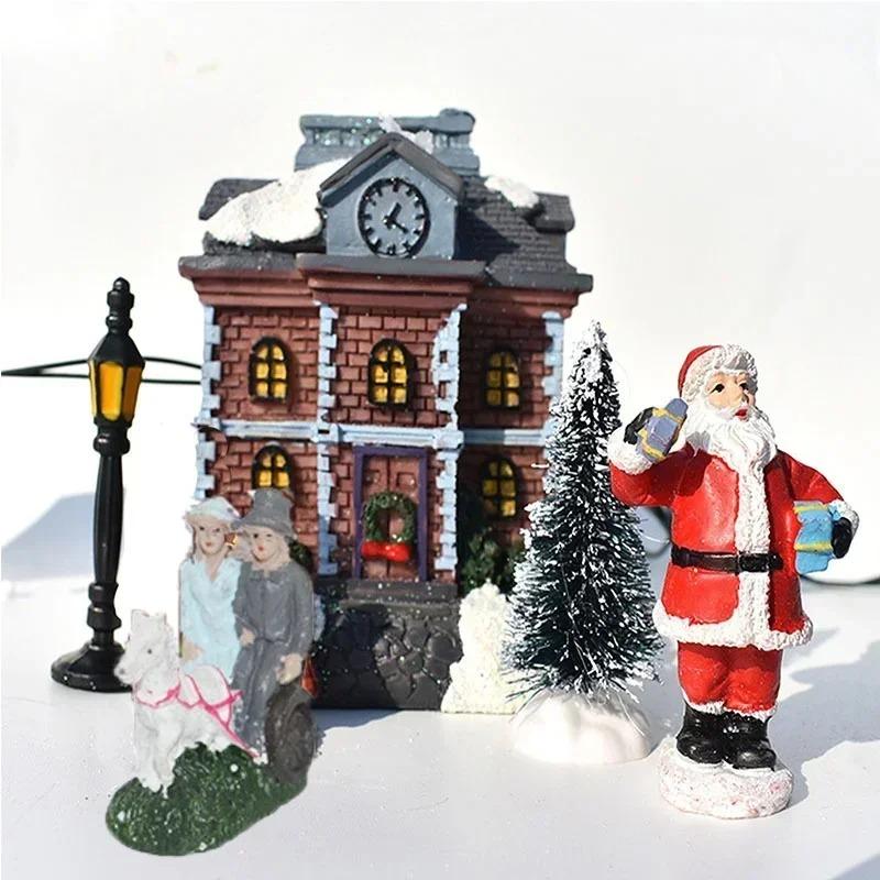 1-4Sets Christmas Resin Mini House Decor Set LED Lighted Christmas Resin House for Micro Landscape Ornament Decoration