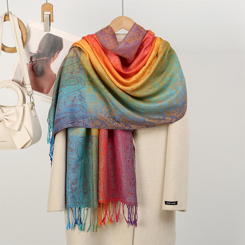 Macaron Regenbogenfarbe Winter Pashmina Schal Dickes Paisley Jacquard Schal Damen Reise Winddicht Muslimischer Hijab Wickel Quaste Poncho 70X180cm gray