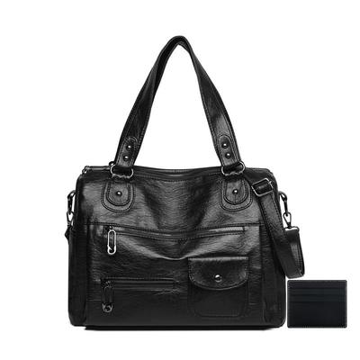 PU Leather Shoulder Handbag with [KSTAMP] Bag, 2-Way Multi-Function Pockets, 36x17x25cm, Black/Brown (Black)