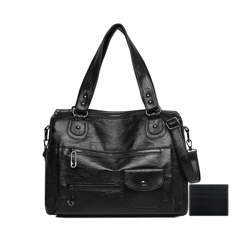 

[KSTAMP] PU Leather Shoulder Bag, 2-Way Handbag with Multi-Function Pockets, 36x17x25cm, BlackBrown (Black)