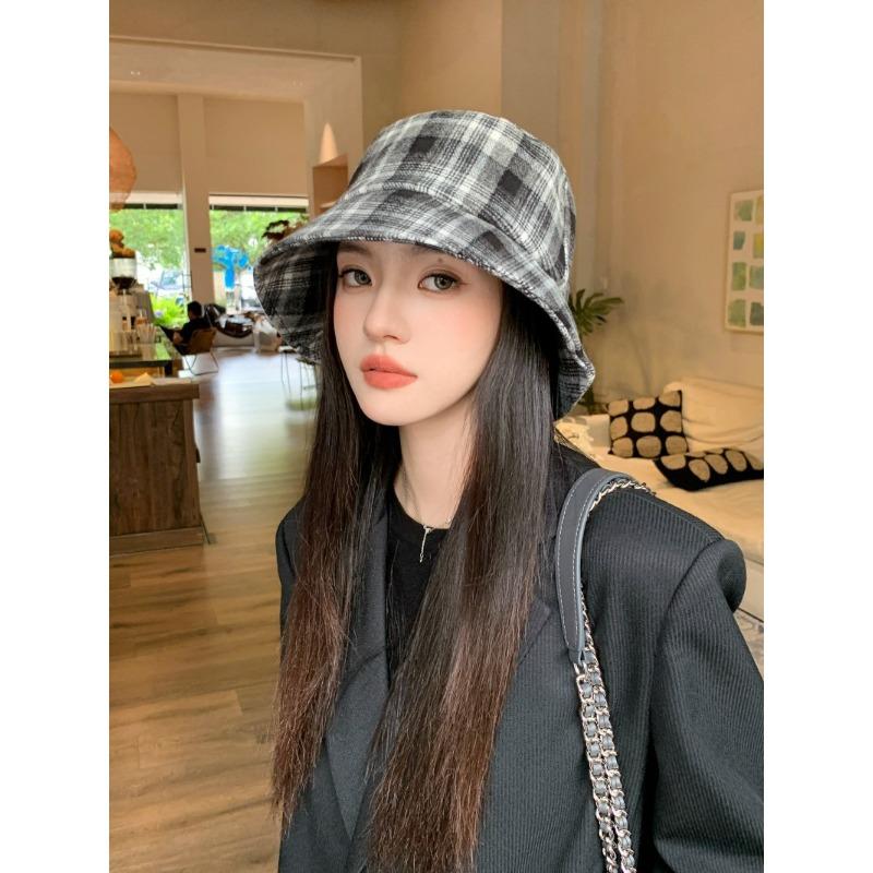 Women S Plaid Bucket Hat Double Sided Foldable Sun Protection Large Head Size Korean Style
