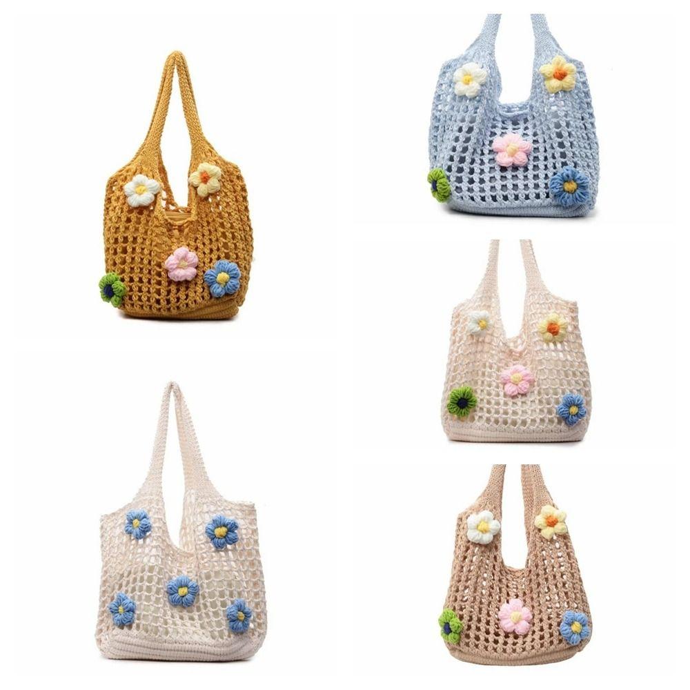 Simple Multicolor Flower Woven Bag Hollow Bohemian Style Knitting Tote Bag Large Capacity Handbag Hollow Shoulder Bag Seaside