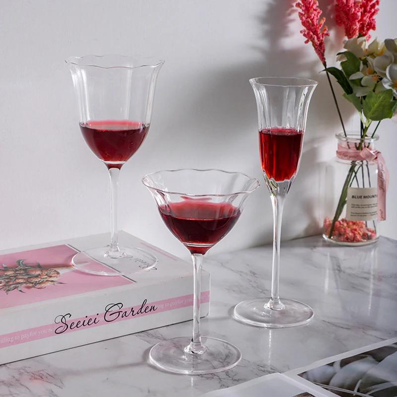 Home Light Luxury Retro Vertical Stripes Flower Wine Glass Goblet Crystal Glass Pink Green Champagne Cup Cocktail Martini Cups