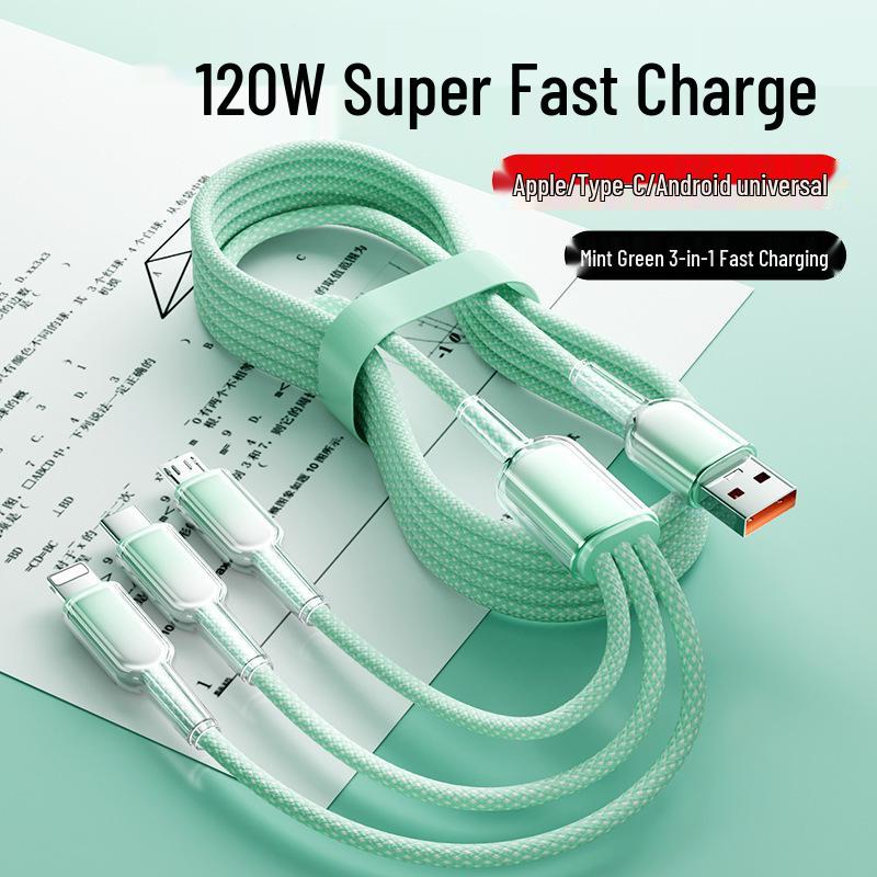 

66W 3-in-1 Multi-Head Fast Charging Cable for Apple, Android, and Huawei Phones 1.2m Gradient One-to-Three [Pure Green]