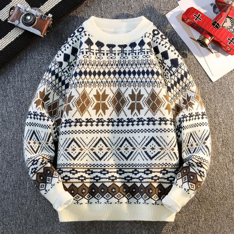 Men's Autumn and Winter Pullover Round Neck Long-sleeved Casual Ethnic Style Sweater Knitwear Fashion Tops
