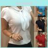 Camisa Blusa Feminina Versátil de Moda Manga Curta Laço Chiffon Para Verão Uso Casual