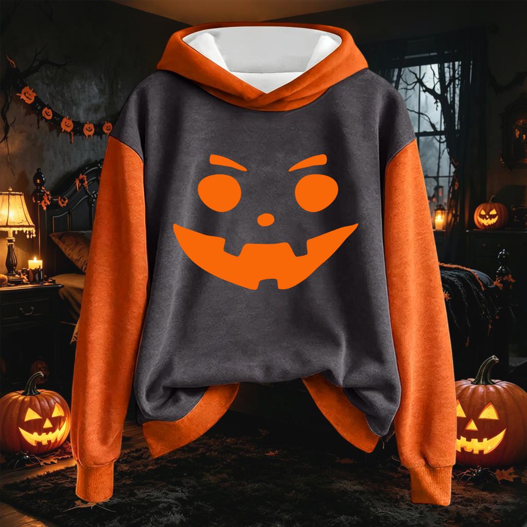 Women's Halloween Print Hoodie Sweatshirt Long Sleeve Pullover with Drawstring