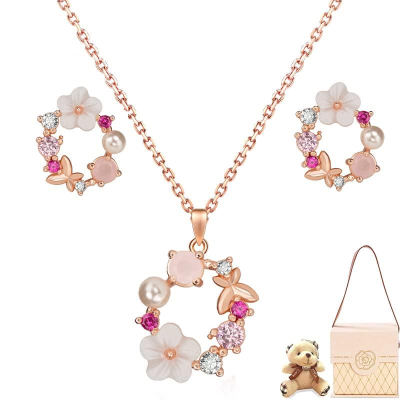 [Laluna] Flower-shaped necklace, popular pink gold, 45cm, 2-piece set, featuring three birthstones, perfect gift for wife, girlfriend, mother,