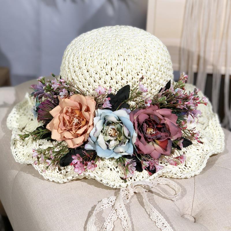 Handwoven Hollow Rose Flower Straw Hat Female Summer Small Fresh Pastoral Lace Strap Big Eaves Beach Hat