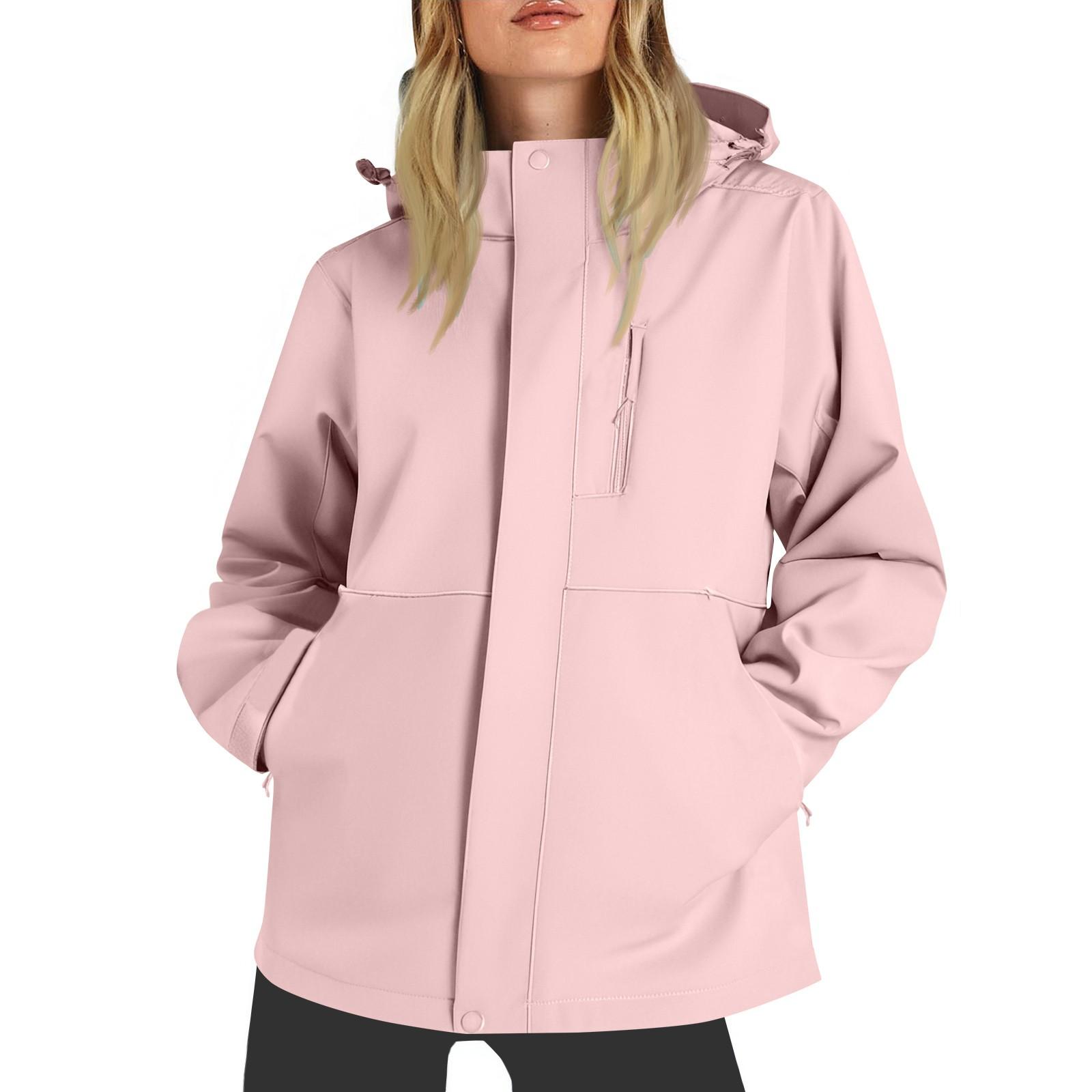 

Women Solid Stripe Rain Jacket Outdoor Plus Waterproof Hooded Raincoat Windproof M рожевий