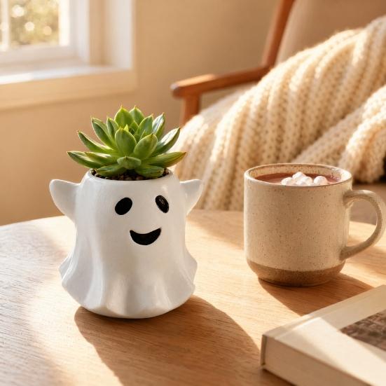 Ghost Flowerpot Waterproof Resin Halloween Vase Spooky Cute Desktop Ornament for Green Plants
