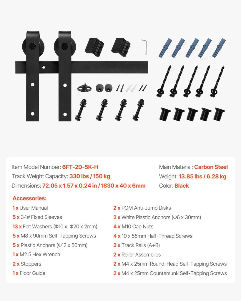 VEVOR 6FT Sliding Barn Door Hardware Kit, 330 LBS Weight Capacity