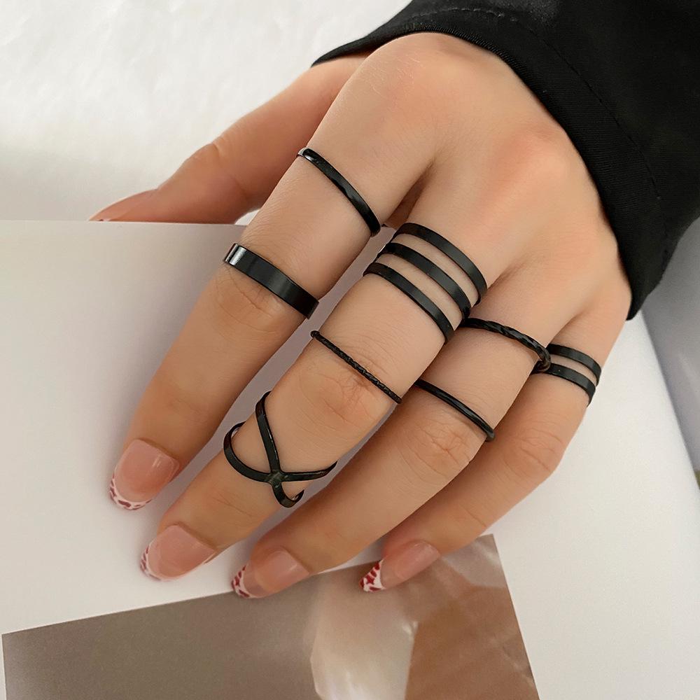 European and American Trendy Black 9-Piece Ring Set