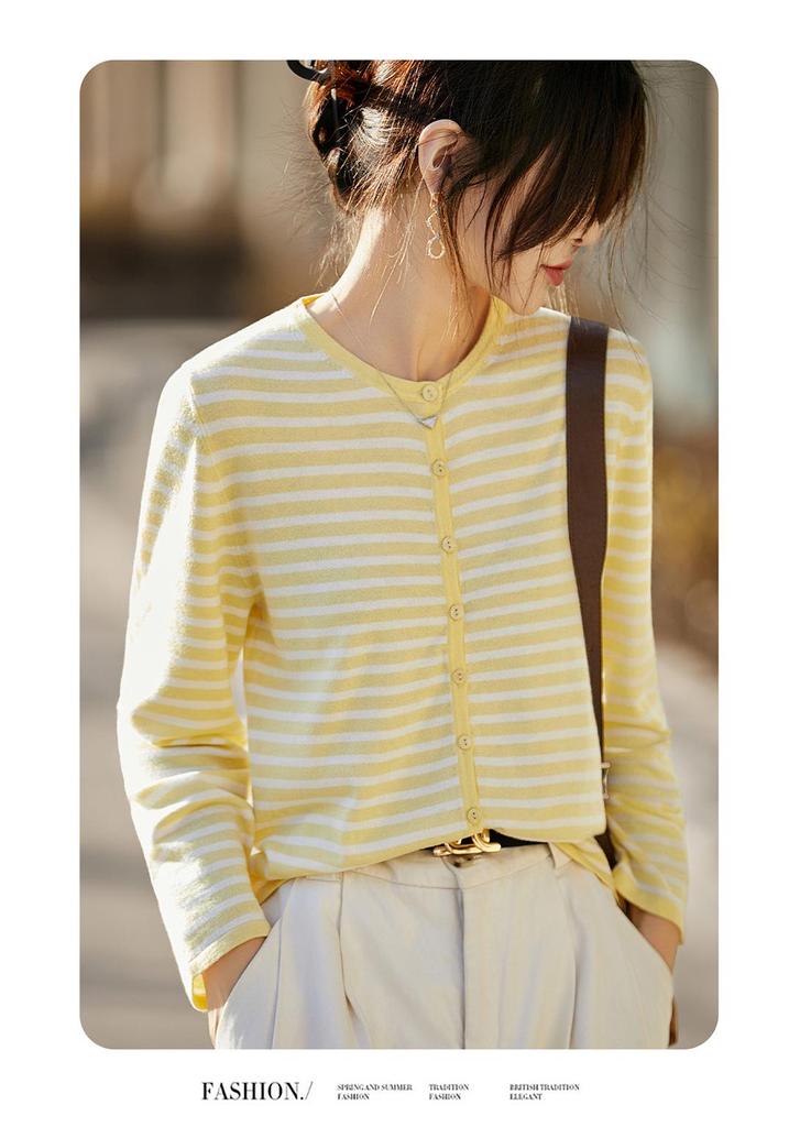Women's Striped Round Neck Knit Cardigan - Spring & Autumn Casual Loose Fit