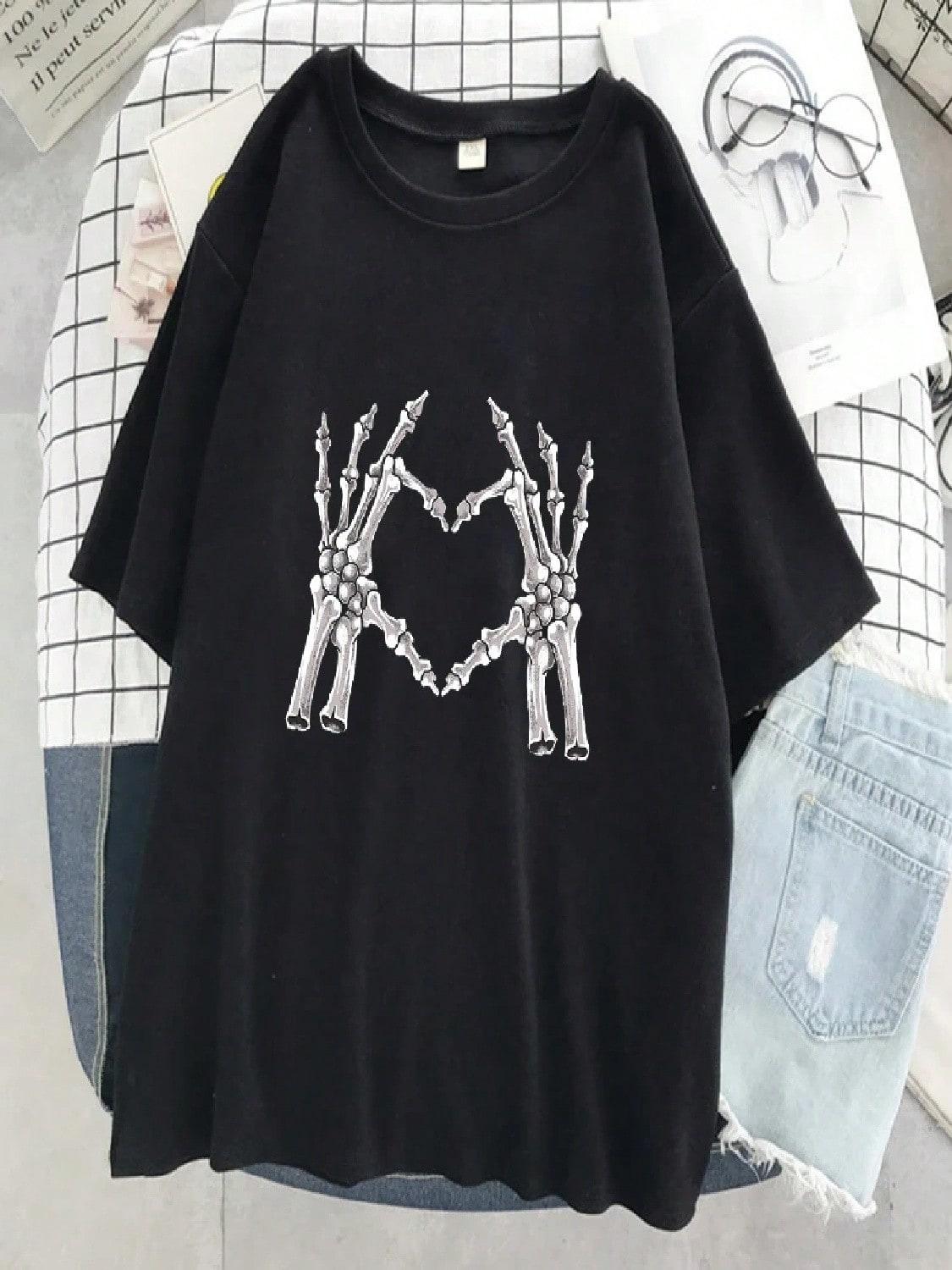Skeleton Fingers Compare To The Heart Print Wounisex T-Shirt Street Casual T Shirt Oversized Soft Tees Cotton Breathable T Shirts S разноцветный