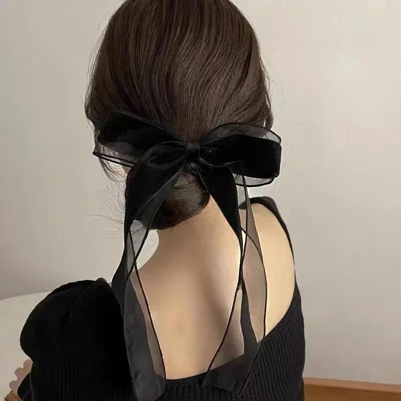 1PC Black Velvet Large Bow Knot Hairpin Spring Clip for Women Girls Satin Bow Hair Ties Duckbill Hair Clips Female Hair Accessories