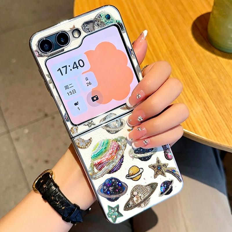 Whale Planet Print PU Leather Phone Case For Samsung Galaxy Z Flip7 FE Flip6 Flip 7 6 5 5G Silver Plating Frame Hard Back Cover