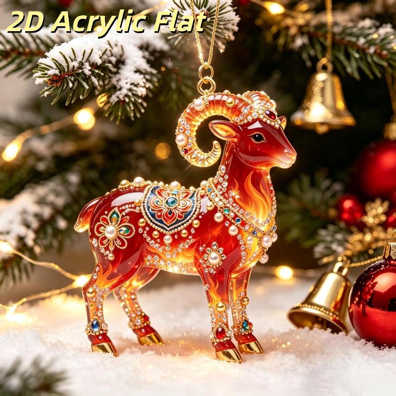 2D Acrylic Goat Christmas Tree Pendants Cute Animal Sheep Hanging Ornaments For Xmas Tree Decor Party Supplies  Year Gifts
