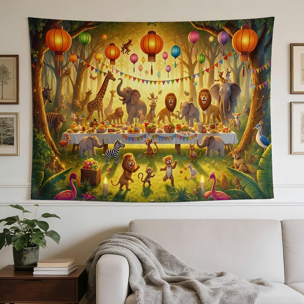 Horizontal Colorful Forest Feast Tapestry Wall Hanging - Horizontal Forest-Themed Suitable for Homes, Dorms, Bedrooms - Modern Decor with Woodland Pri
