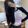 Kawaii Pink Rabbit Print Crop T Shirts Women Harajuku Sweet Cute Graphic Tops Streetwear Vintage Sexy Long Sleeve Tees
