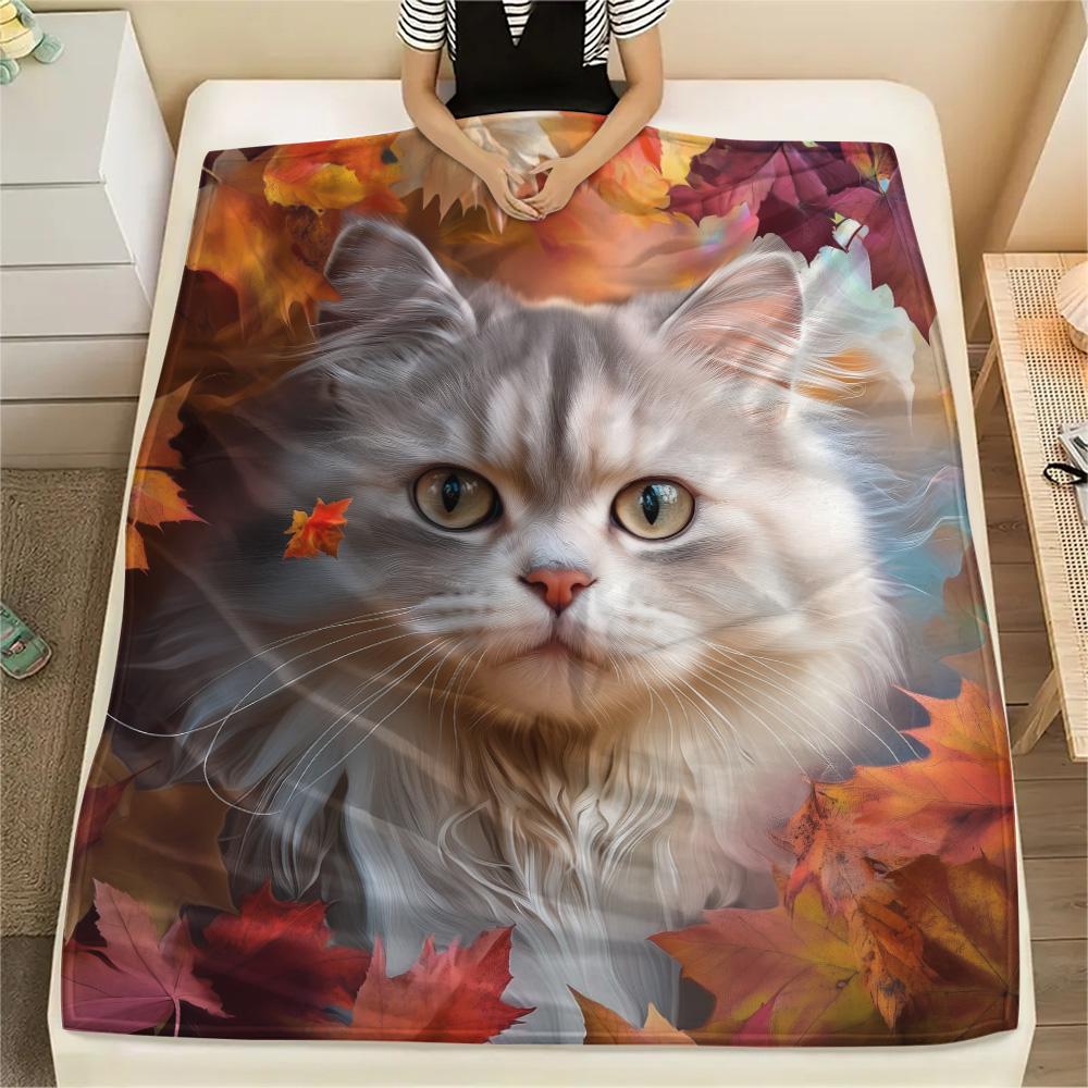 Maple Leaf Cat  Print Flannel Blanket, High quality Comfortable for All Seasons, Home Decor, Warmth and Comfort