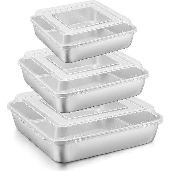 E-far 6/8/9-Inch Square Cake Pan with lid Set, Square Baking Brownie Pans Stainless Steel Bakeware Set of 3, Non-toxic & Healthy, Easy Clean & Stainless Steel