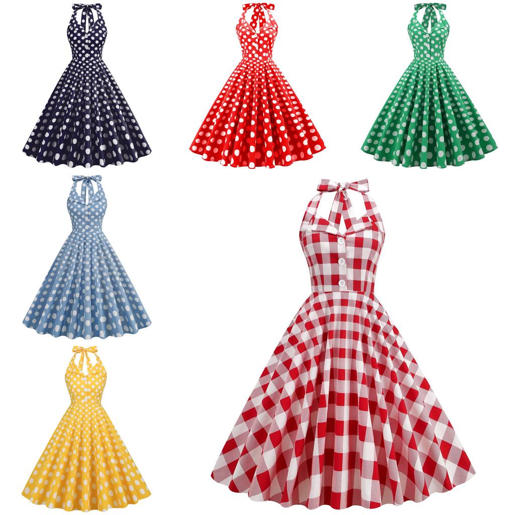 Vintage Dot Print Vneck Sleeveless Midlength Dress For Women