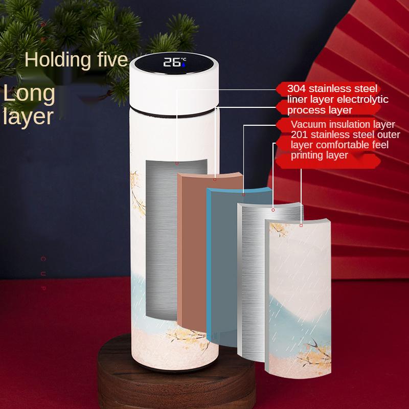 Termoláhev hrnek v čínském stylu s chytrým ukazatelem teploty, přenosná, s udržením tepla, vakuová termoska na hrnky 500 ml