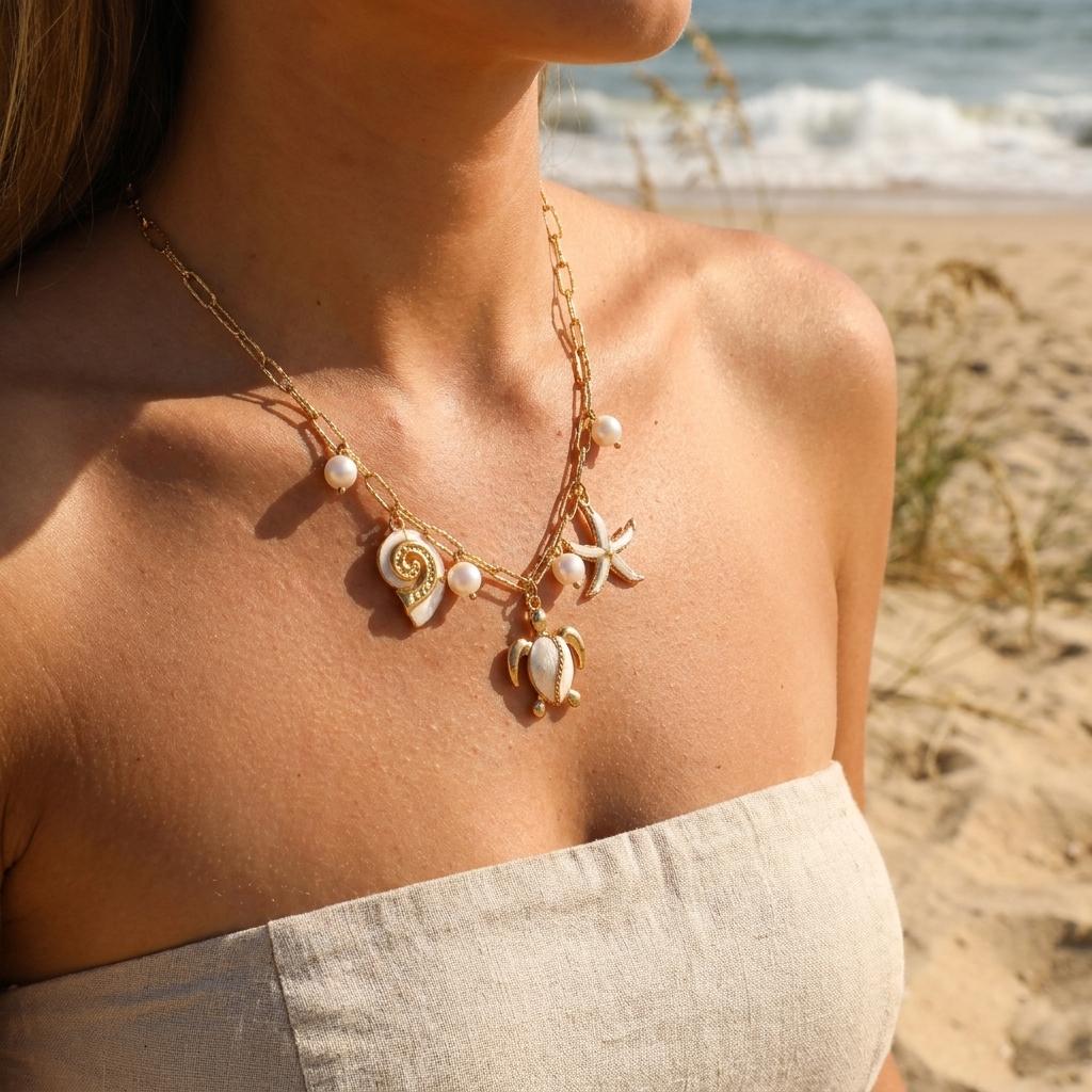 Stainless Steel White Enamel Starfish Turtle Conch Pendant Necklace for Women Elegant Imitation Pearl Choker Beach Party Jewelry