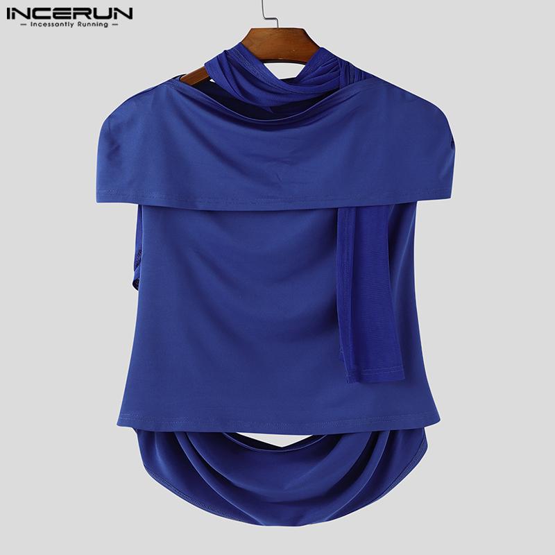 INCERUN Men Cutout Short Sleeve Irregular Patchwork Mesh Fitted T-shirts Tops
