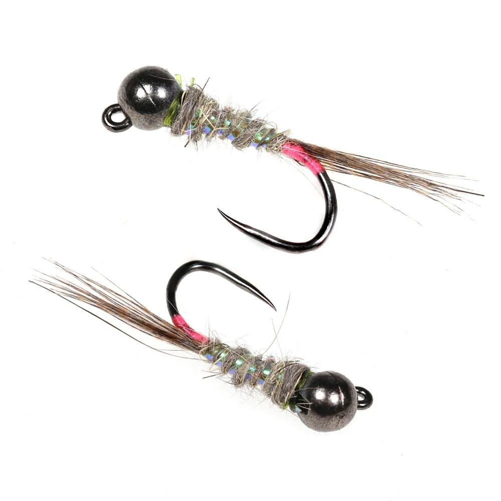 Bimoo 6pcs Black Tungsten Head Fluorescent Orange Pink Green Jig Fly Euro Nymph Perdigon Nymphs Fast Sinking Trout Fishing Lure