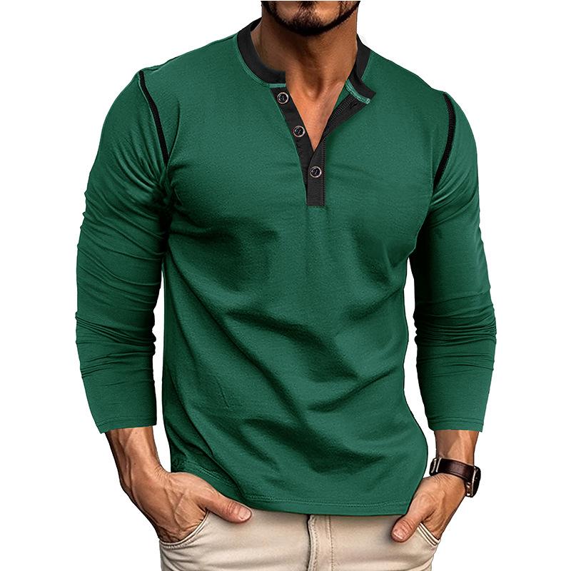 Men's Contrast Piping Raglan Henley Shirt Placket Long Sleeve Slim Casual Vintage Tee