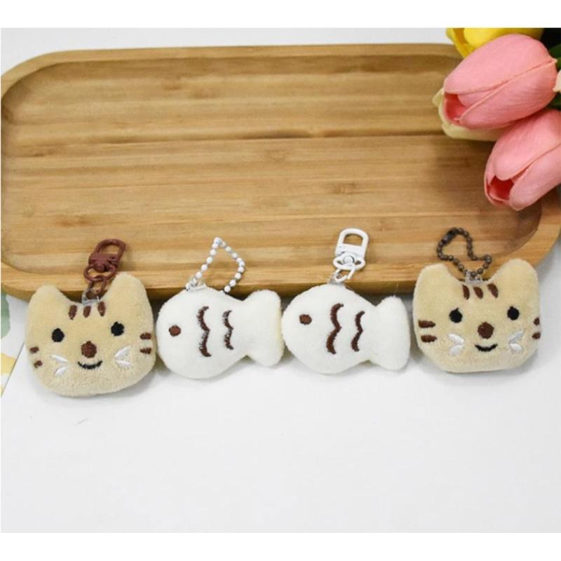2pcs Lovely Little Cat and Fish Plush Toy Keychain Backpack School Bag Pendant Keyring Phone Chain Friend Couple Gift