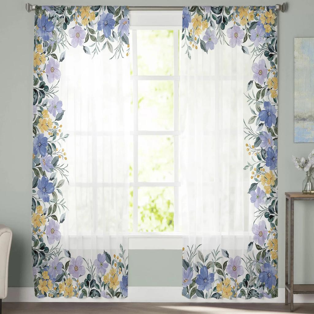 Summer Purple Flowers Watercolor Sheer Window Curtains For Living Room Kitchen Children Bedroom Voile Hanging Curtain