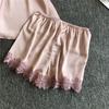 Lace Sexy Women Pajamas Summer Ice Silk With Chest Pad Nightdress Shorts Two-piece Set Sleepwear