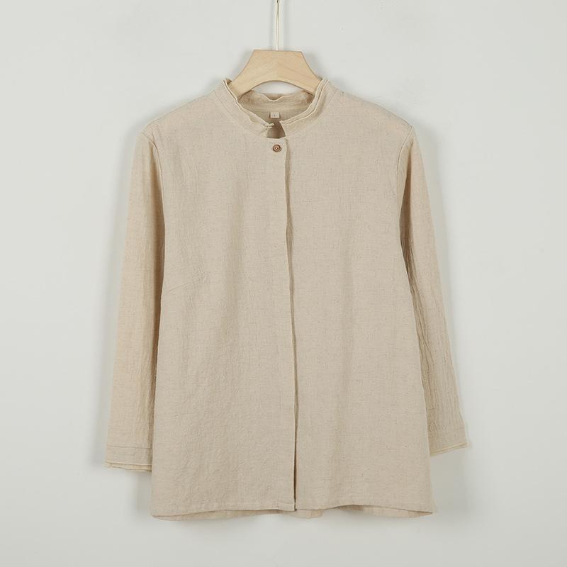 Johnature Women Chinese Style Shirts Tops Stand Long Sleeve Blouses Spring Solid Color Jacquard Shirts