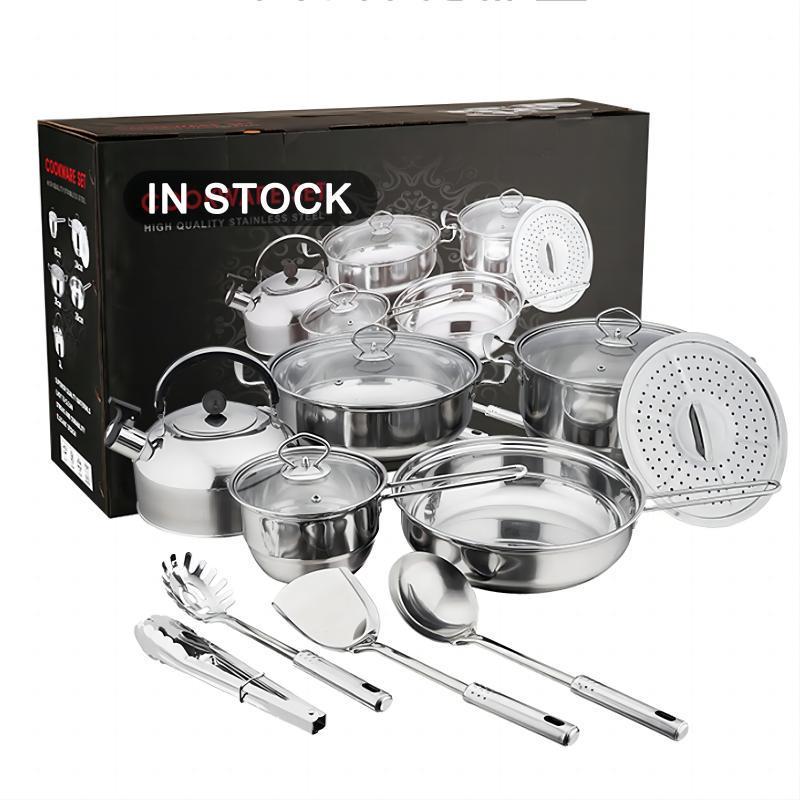 Eighteen-Piece Stainless Steel Cookware Set: Thickened Non-Stick Frying Pan, Milk Pot, and Soup Pot