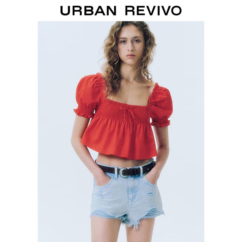 Women s Red Linen Puff Sleeve Blouse M